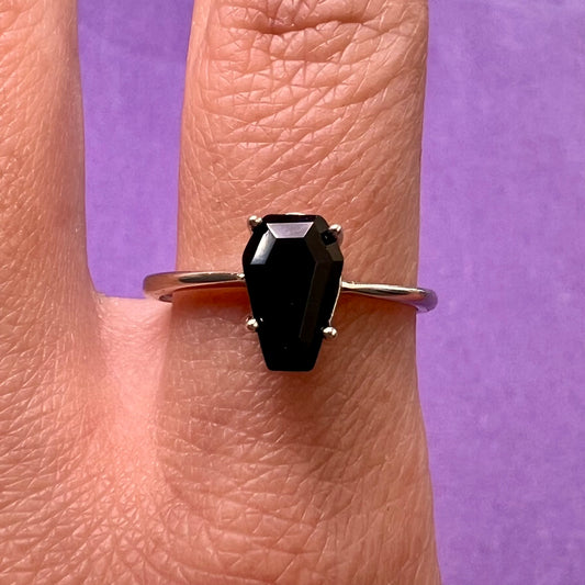 Black Spinel Coffin Sterling Silver Ring