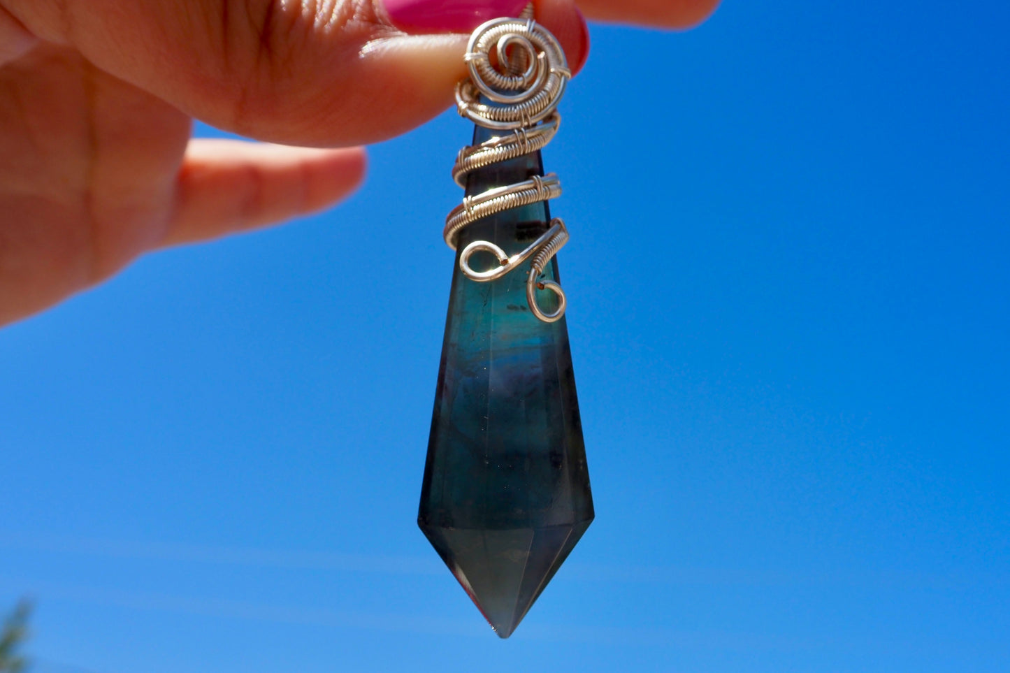 Rainbow Fluorite Point Pendulum Pendant with Silver Decorative Wire Wrapping