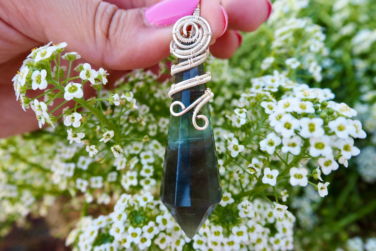 Rainbow Fluorite Point Pendulum Pendant with Silver Decorative Wire Wrapping