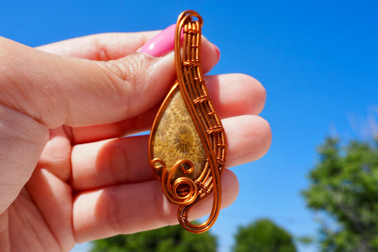 Petrified Palm Pendant with Copper Decorative Wire Wrapping