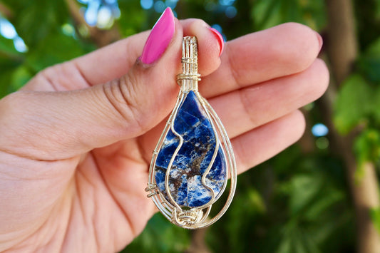 Sodalite Teardrop Pendant with Decorative Silver Wire Wrapping