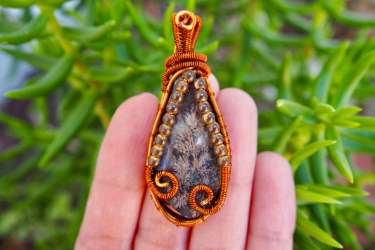 Dendritic Agate Teardrop Pendant with Copper Decorative Wire Wrapping