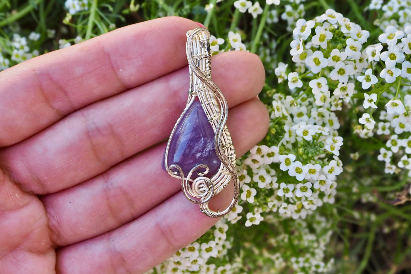 Purple Chalcedony Teardrop Pendant with Decorative Silver Wire Wrapping