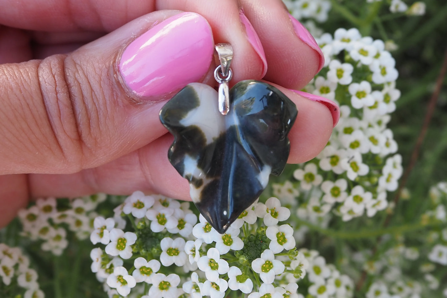 Green and White 8th Vein Ocean Jasper Leaf Pendant with 925 Silver Bail