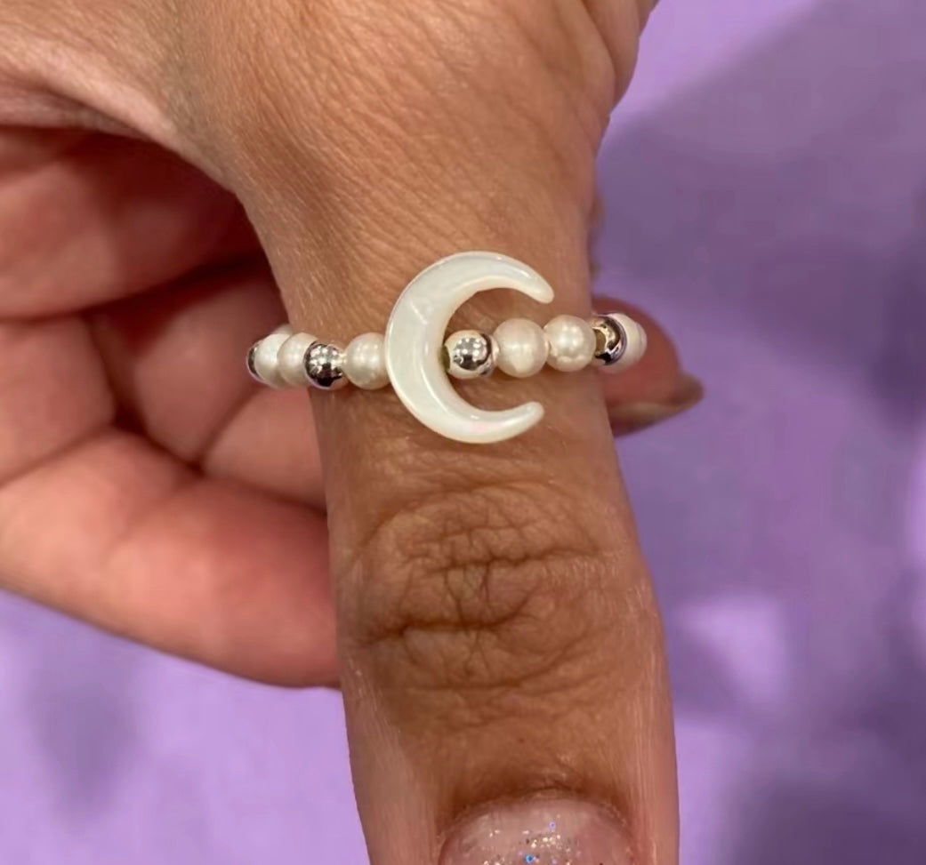 Celestial Crescent Moon Stretchy Pearl Ring