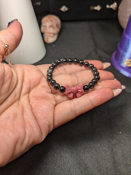 Obsidian and Rhodonite Bow Bracelet with Crystals for Love and Protection