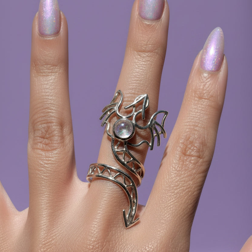 Moonstone Dragon Sterling Silver Ring