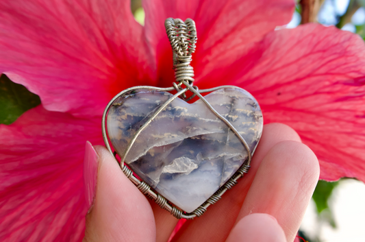 Dendritic Agate Heart Pendant with Decorative Silver Wire Wrapping