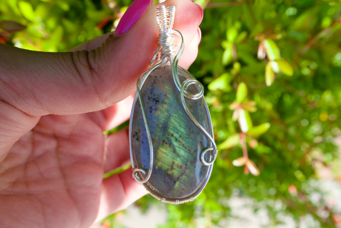 Labradorite Teardrop Pendant with Decorative Silver Wire Wrapping