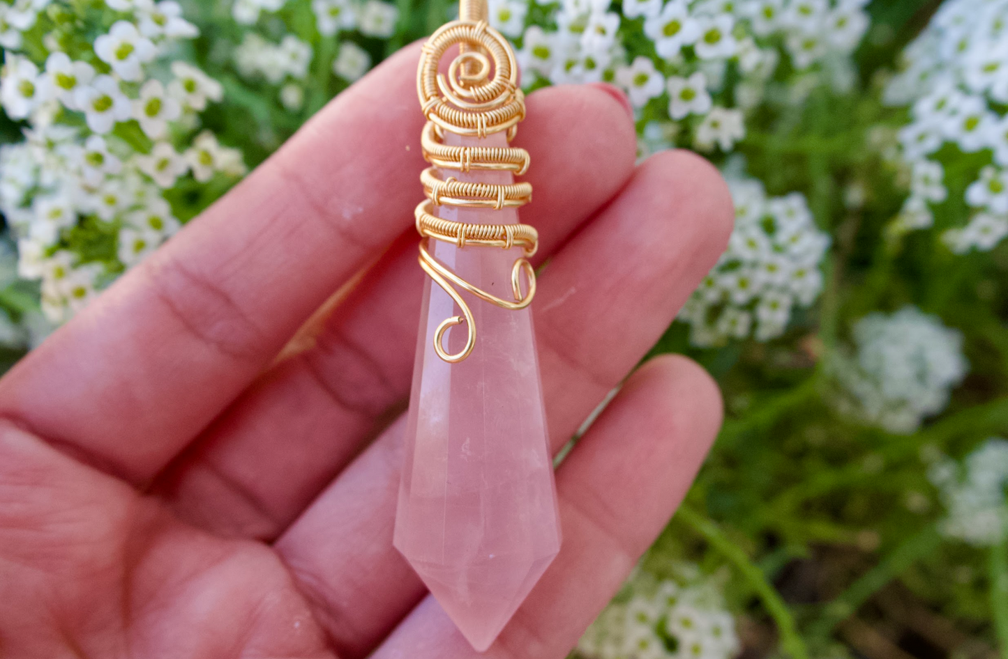 Rose Quartz Point Pendulum Pendant with Gold Decorative Wire Wrapping