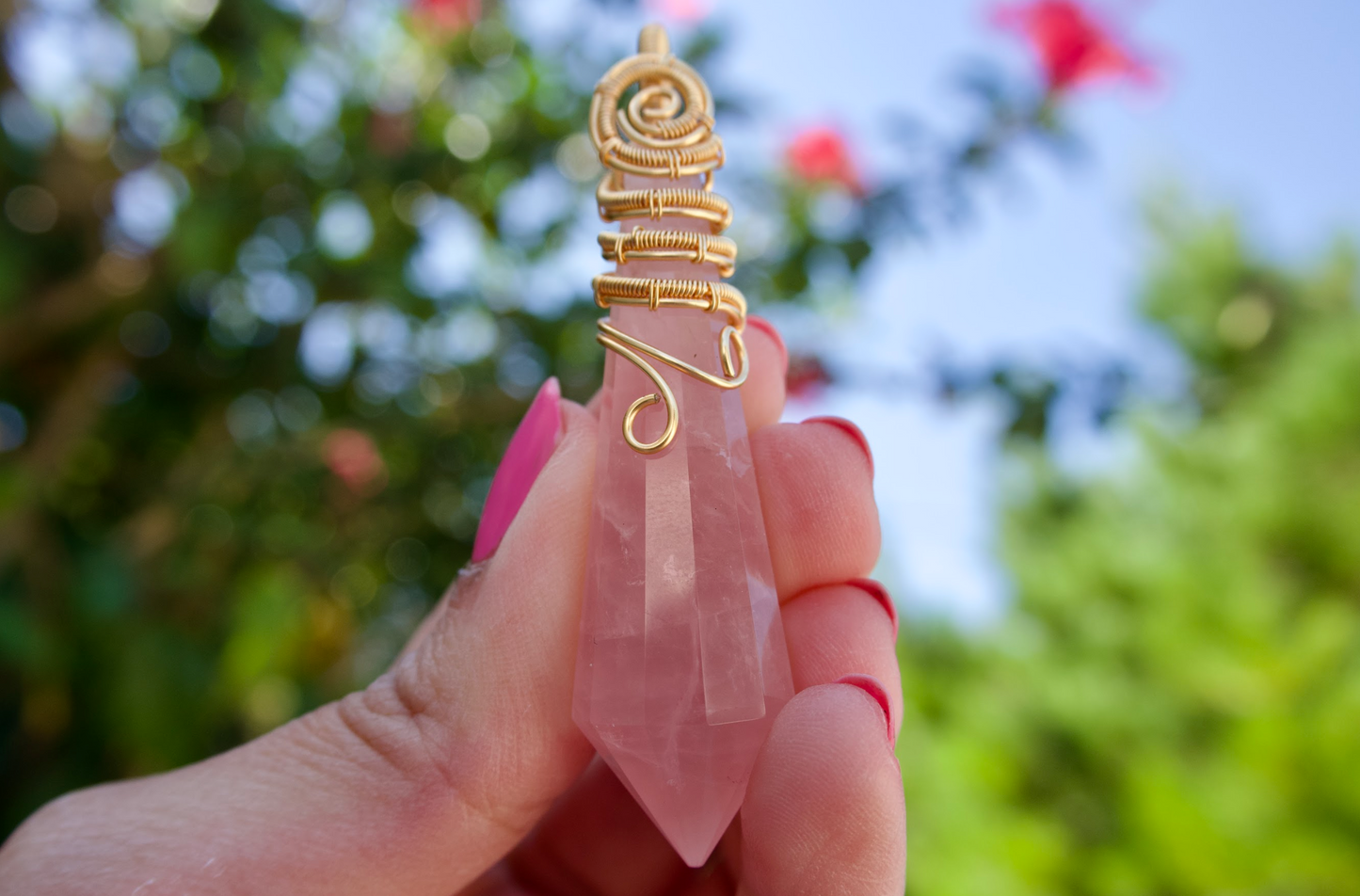 Rose Quartz Point Pendulum Pendant with Gold Decorative Wire Wrapping