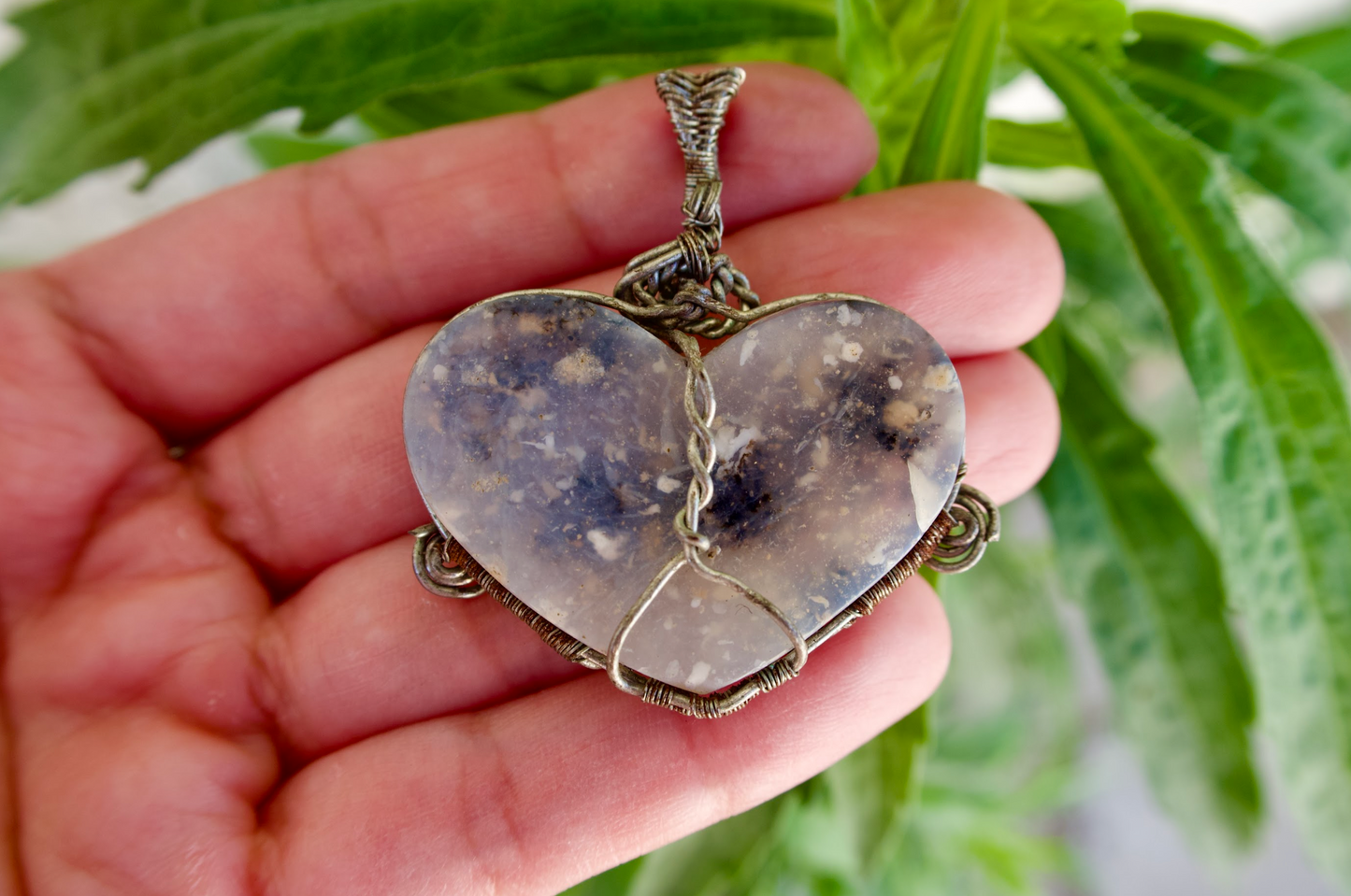 Dendritic Agate Heart Pendant with Decorative Silver Spiral Wire Wrapping