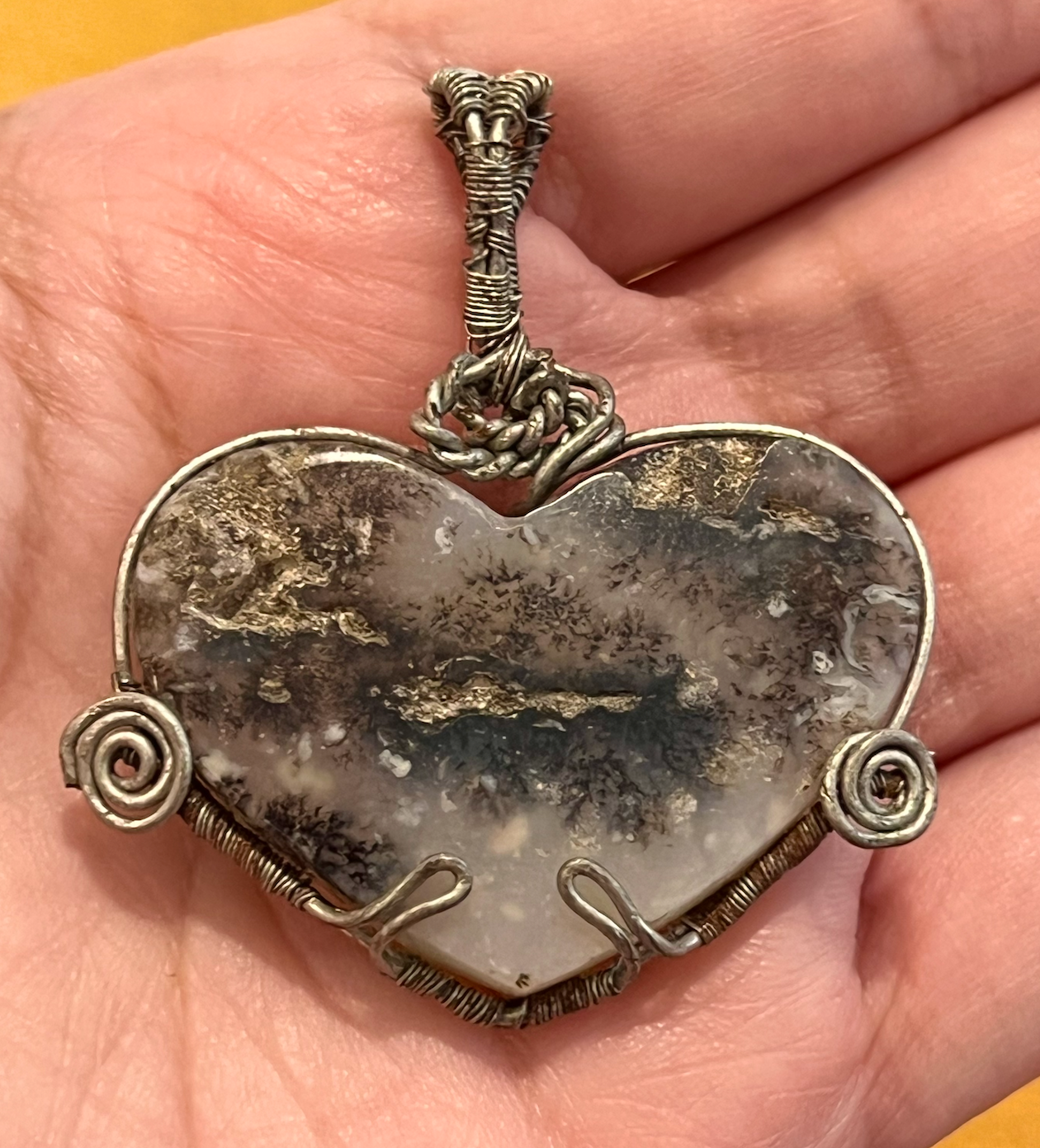 Dendritic Agate Heart Pendant with Decorative Silver Spiral Wire Wrapping