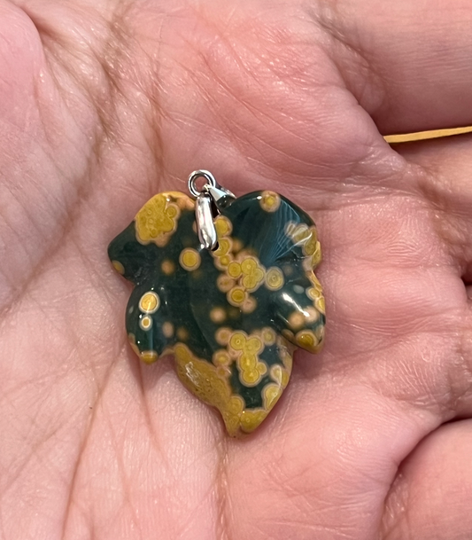 Yellow and Green 8th Vein Ocean Jasper Leaf Pendant with 925 Silver Bail