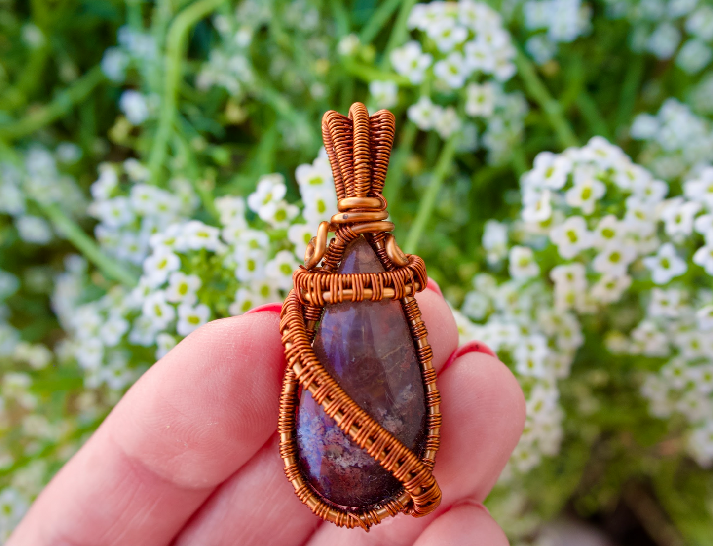 Red Moss Agate Teardrop Pendant with Copper Decorative Wire Wrapping