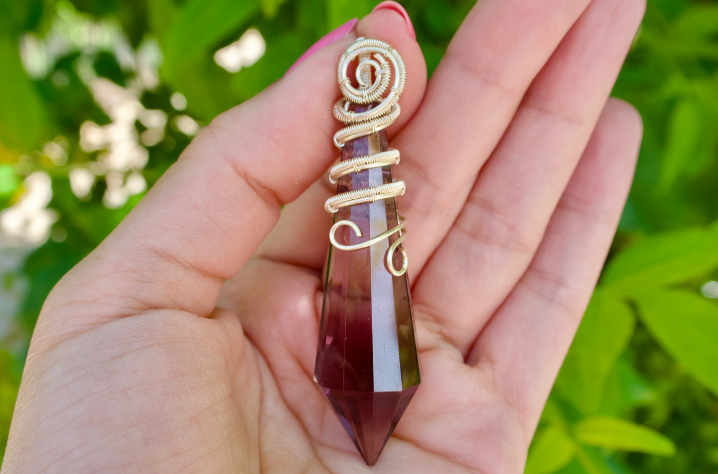 Purple Fluorite Point Pendulum Pendant with Silver Decorative Wire Wrapping