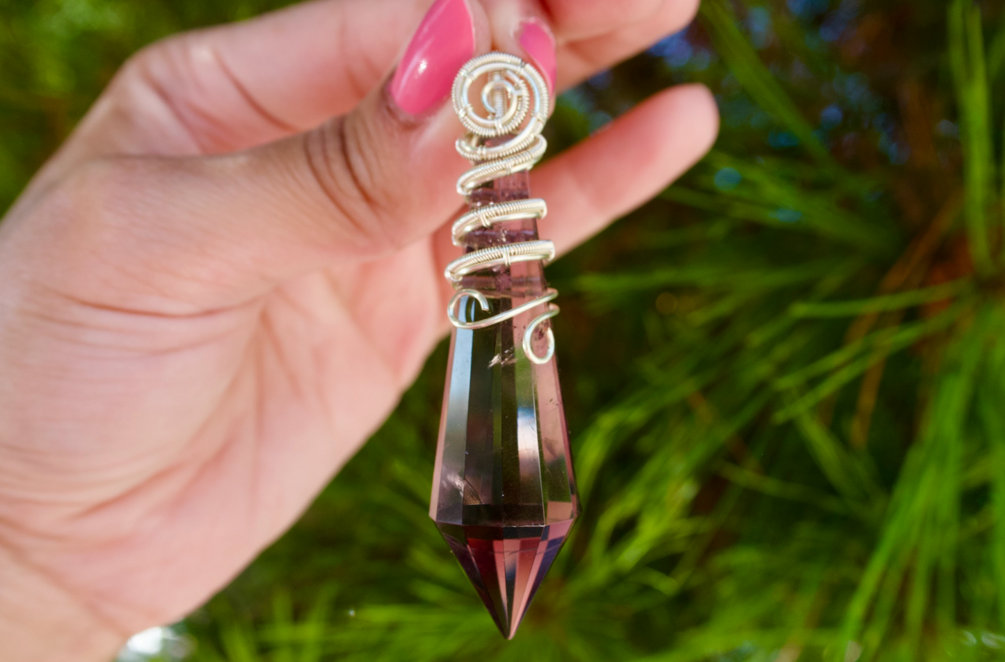 Purple Fluorite Point Pendulum Pendant with Silver Decorative Wire Wrapping