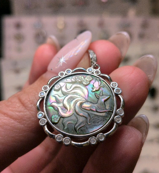 Nine 9 Tail Fox Black Mother of Pearl Ornate - Preorder Cabachon Silver Pendant