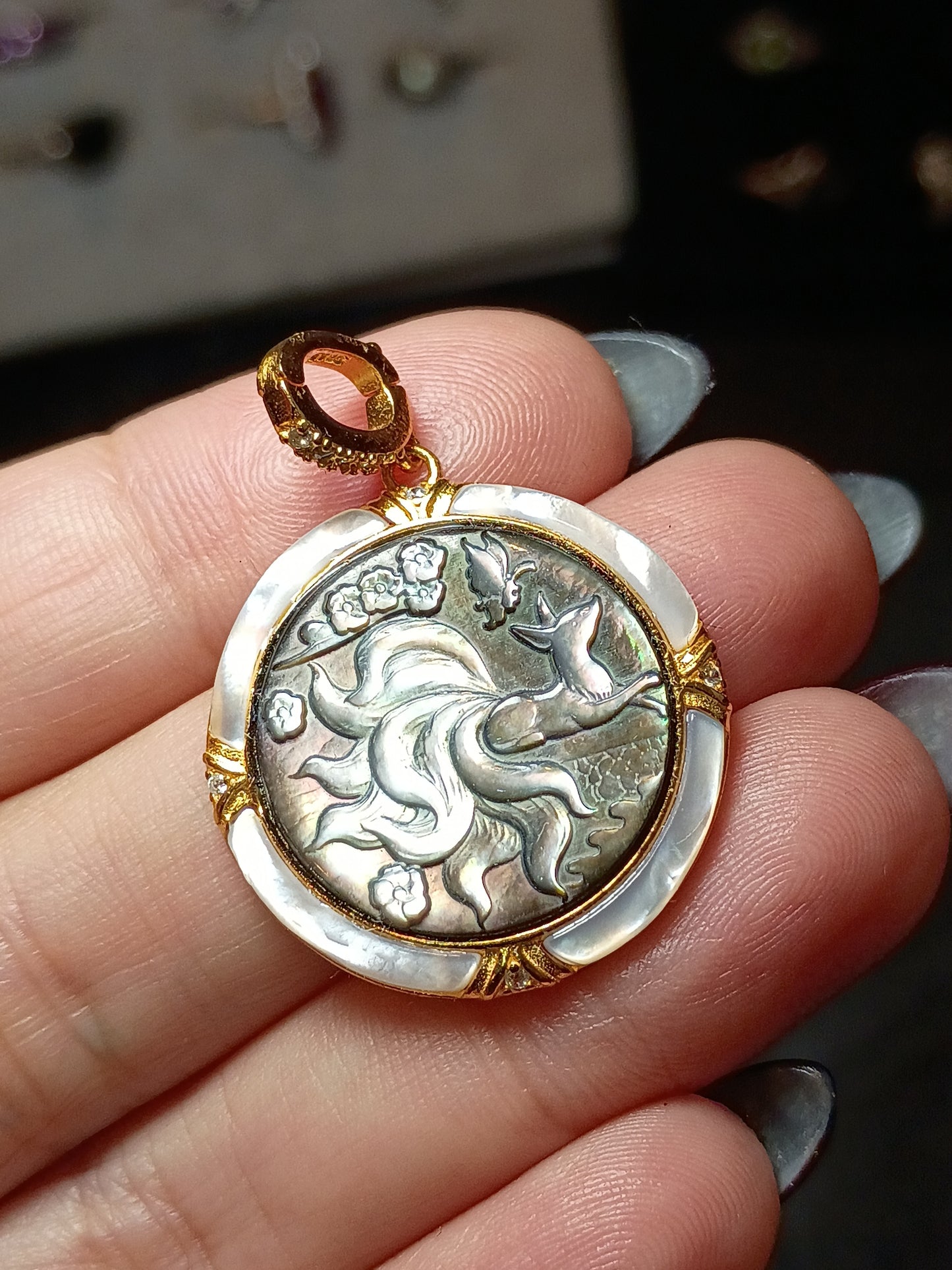 PREORDED Nine 9 Tail Fox Black Mother of Pearl Ornate - Cameo Gold Coated Silver Pendant with White Mother Pearl Inlay