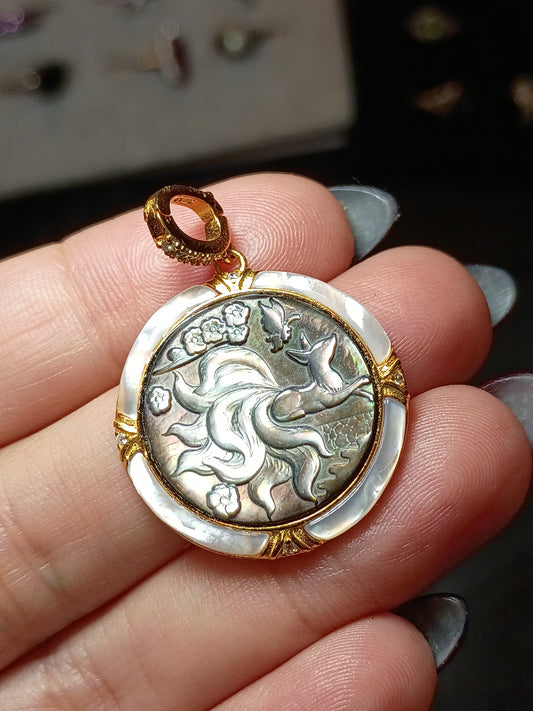 PREORDED Nine 9 Tail Fox Black Mother of Pearl Ornate - Cameo Gold Coated Silver Pendant with White Mother Pearl Inlay