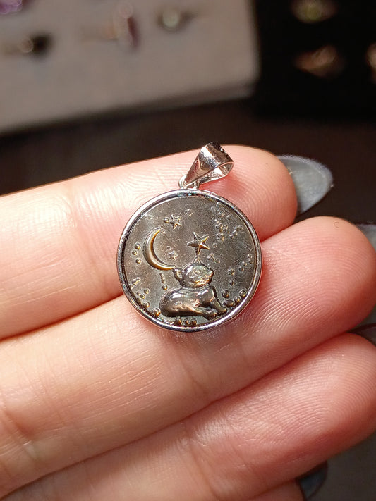 Stargazing Black Moon Cat - Cameo Silver Pendant