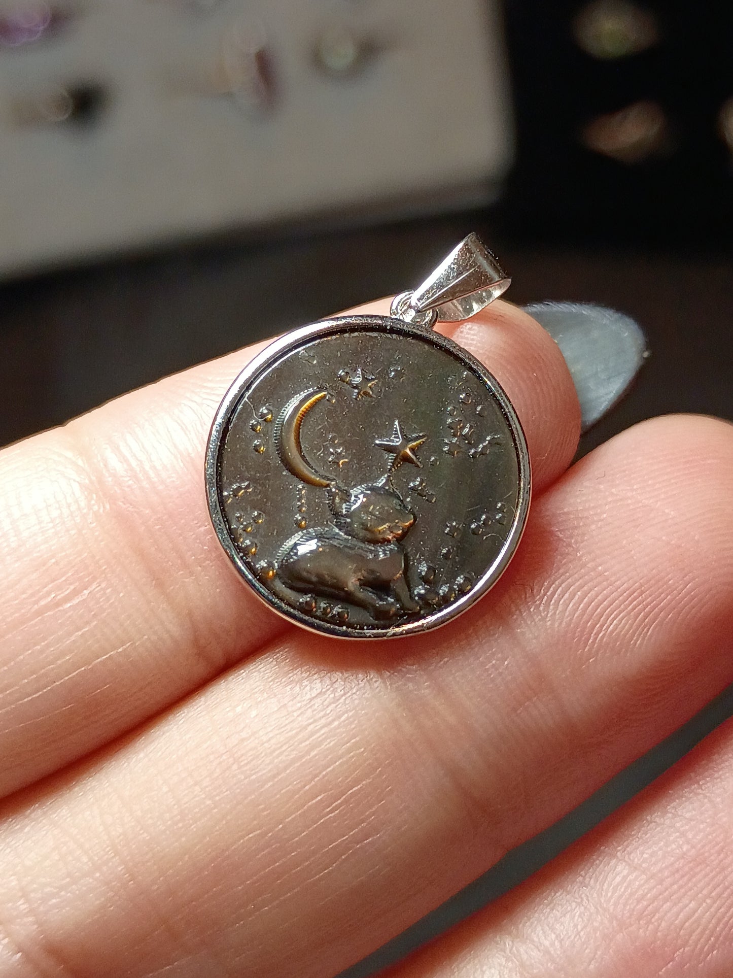 PREORDER Stargazing Black Moon Cat - Cameo Silver Pendant