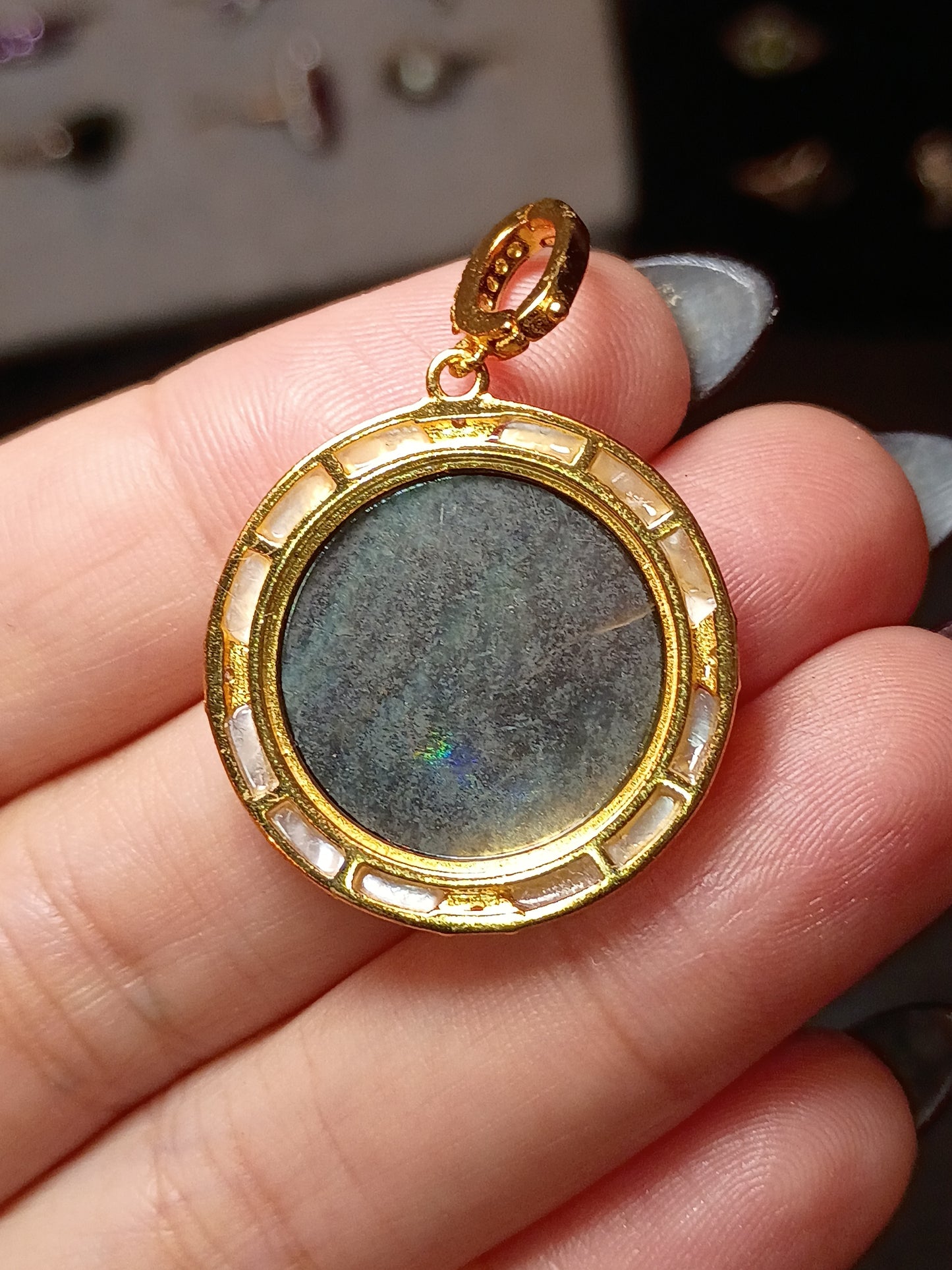 PREORDED Nine 9 Tail Fox Black Mother of Pearl Ornate - Cameo Gold Coated Silver Pendant with White Mother Pearl Inlay