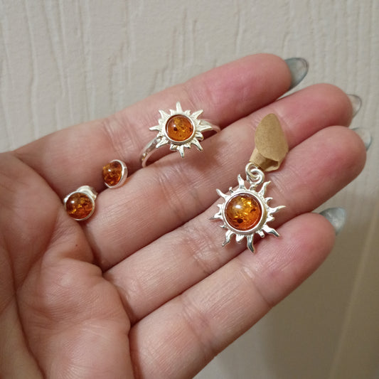 Amber Sun Jewelry Set, Size 9.5 Ring 925 Silver