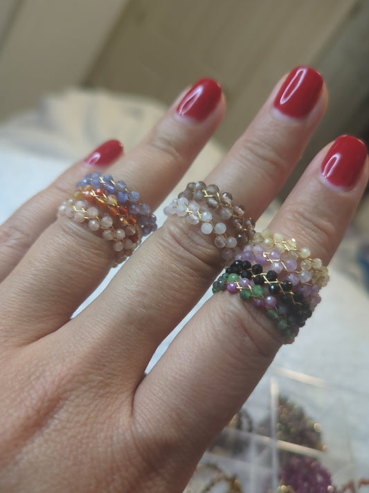 Dainty Braided Wire Crystal Rings with Adjustable Chain, Gold & Faceted