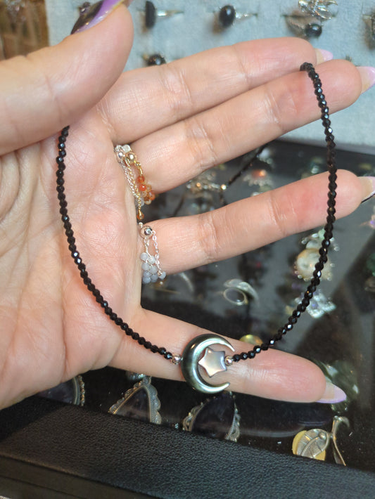 Black Celestial Crescent Moon and Star Necklace