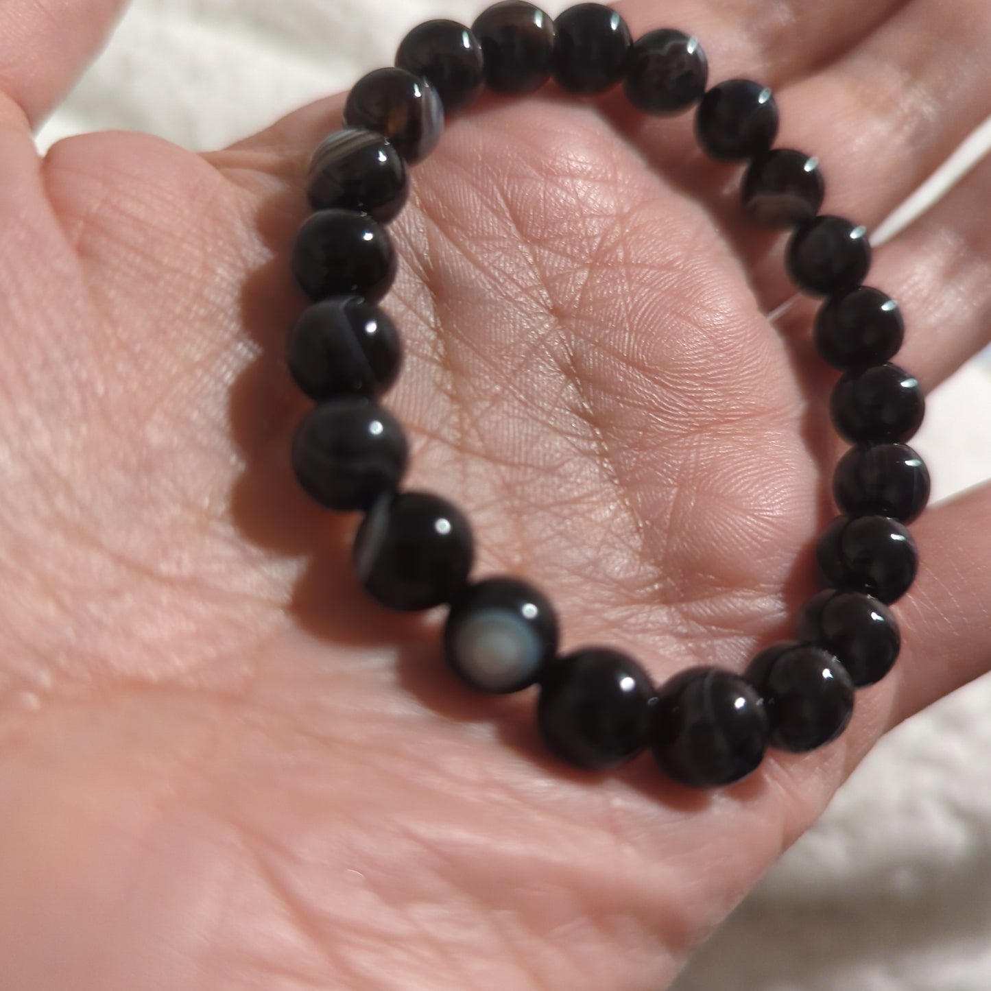 Black Banded Agate Evil Eye Beaded Bracelet 8mm