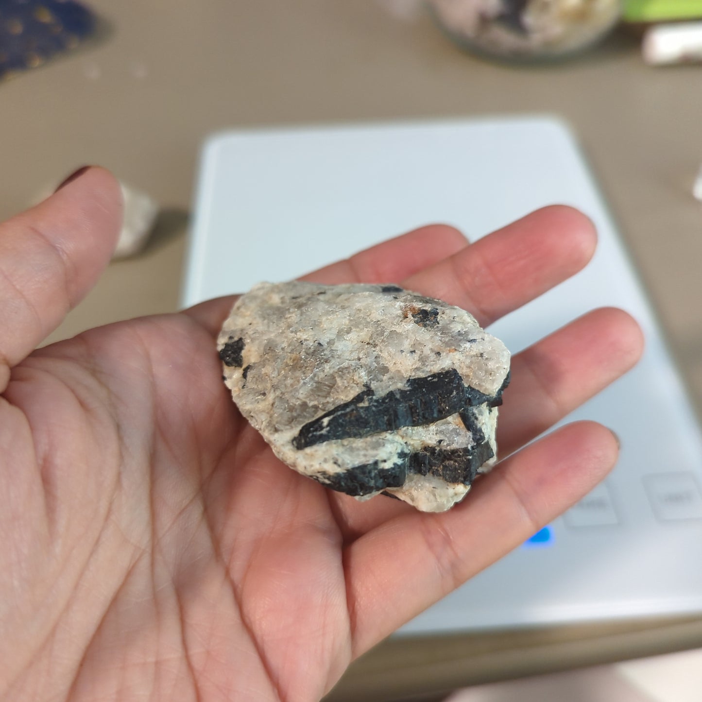 Black Tourmaline in Quartz Crystal Hand Mined by Io Crystals in Ocean View Mines in San Diego, CA