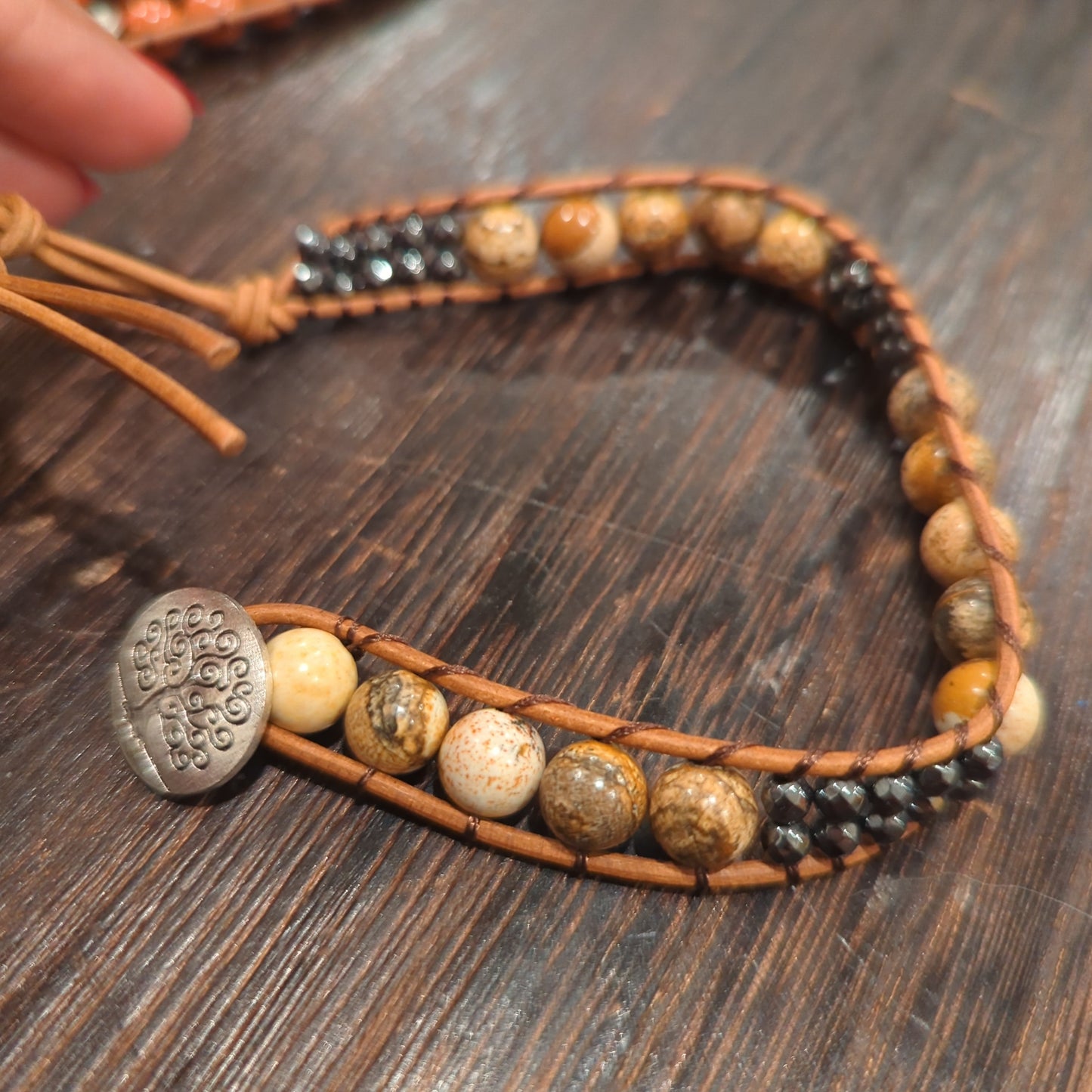 Hematite and Crystal Leather Beaded Bracelet