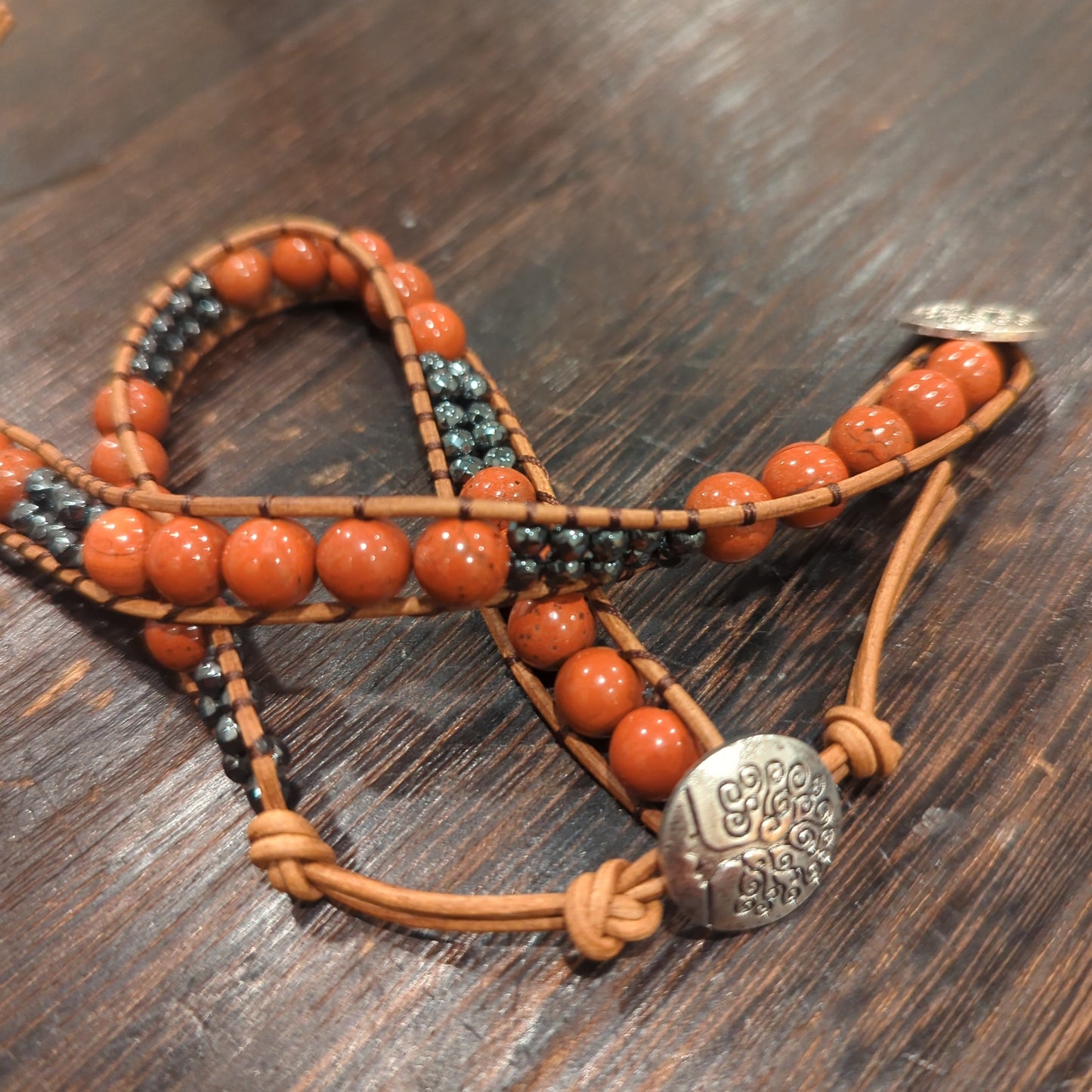 Hematite and Crystal Leather Beaded Bracelet